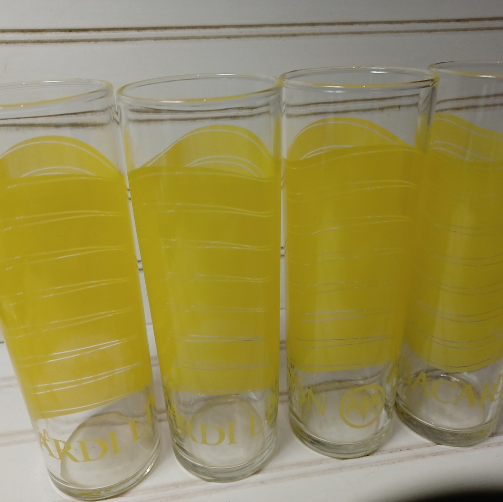 Bright Yellow BACARDI LIMON Rum Tall Cocktail Collins Drink Glass Set 4 12oz 7".